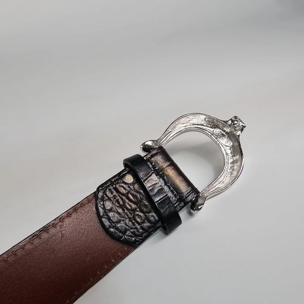 Brian Toohey Leather Belt 42 Black & Silver Hardware Croc Embossed Made In USA